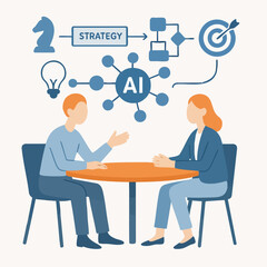 Flat Illustration Two People Discussing AI Strategy at Round Table