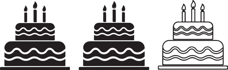Birthday Cake Silhouette Vector – Triple Candle Celebration Icon with TwoTier Designe.