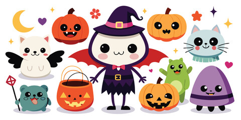 Scary Halloween monster and ghost cartoon vector icon set with pumpkin, bat, and witch for spooky autumn design