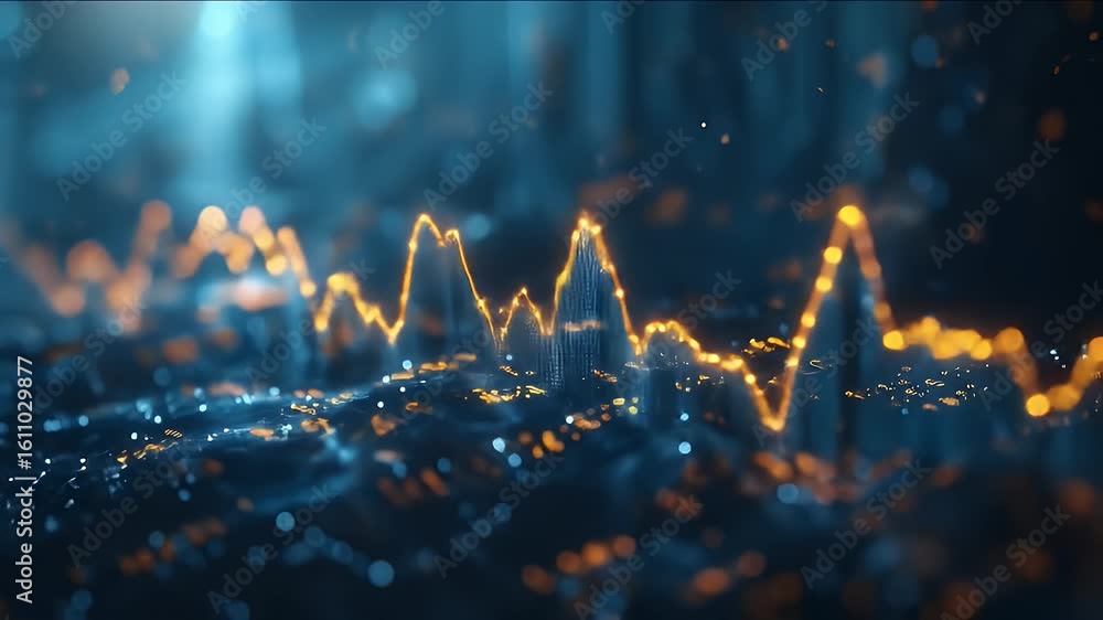 Poster abstract data analysis graph with glowing orange lines on a dark blue surface