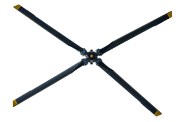 Helicopter main rotor assembly with four blades isolated on a transparent background