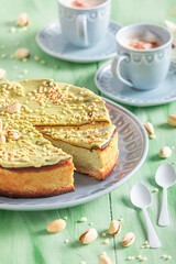 Delicious pistachio cheesecake bake in home kitchen.