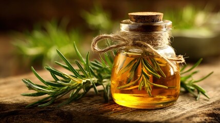Golden liquid fills a glass bottle adorned with twine, resting with fresh rosemary sprigs
