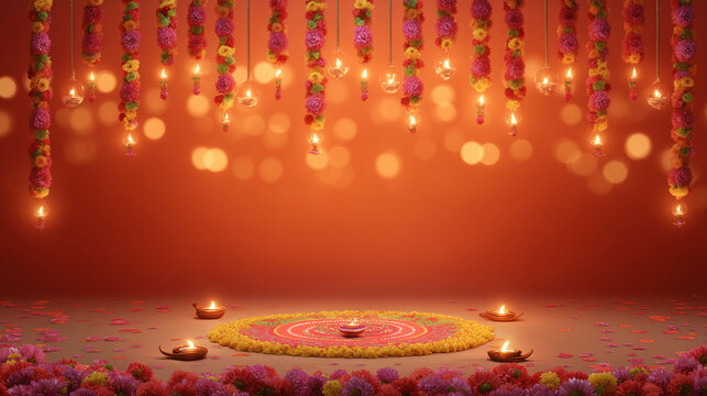 Navaratri Decoration Banner, hanging toran with flowers, diya lights, and rangoli on floor
