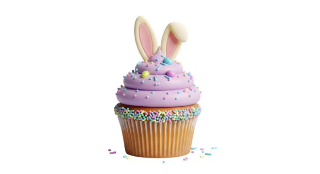 A cupcake with purple frosting and bunny ears on black background    .ai generative, transparent background, white background. isolated on white background