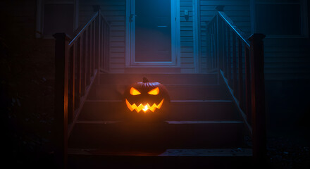 A glowing Jack-o'-lantern sits on the steps leading to a house entrance, illuminated by eerie blue and orange light at night.