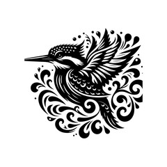 Ornate kingfisher illustration with swirling decorative elements
