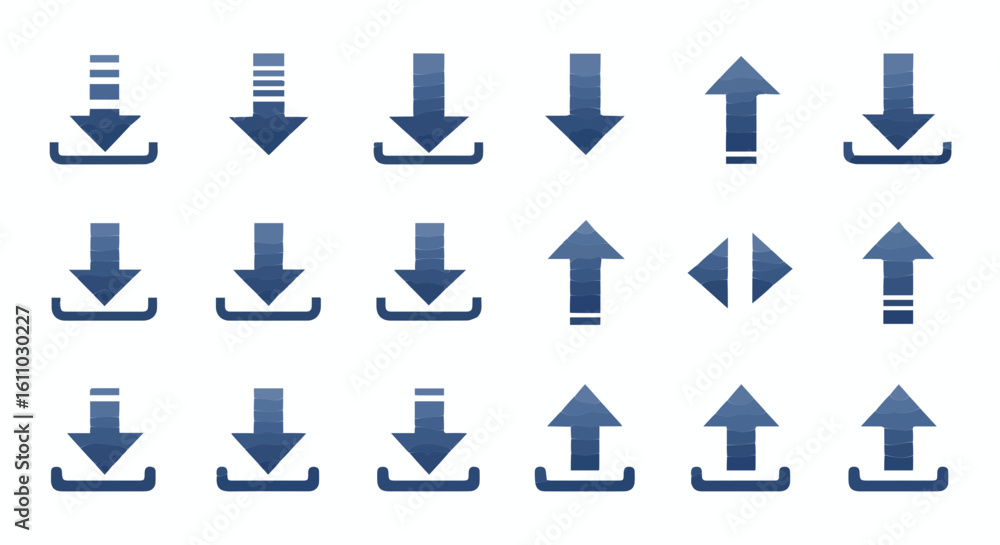 Poster collection of arrow vector icons, representing download and upload actions for digital interfaces