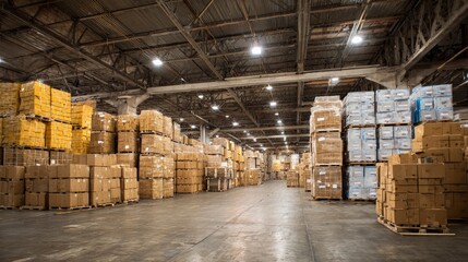 Stacks of cardboard boxes and packages on pallets fill a large, industrial warehouse interior scene.