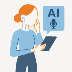 Flat Style Illustration Woman Talking to AI on Tablet Technology