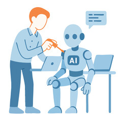 Flat Style Illustration of Man Repairing Robot with Screwdriver Concept
