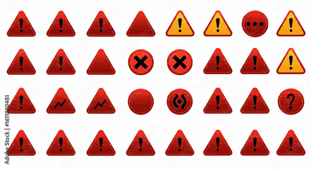 Poster collection of warning and notification icons in red and yellow glossy style