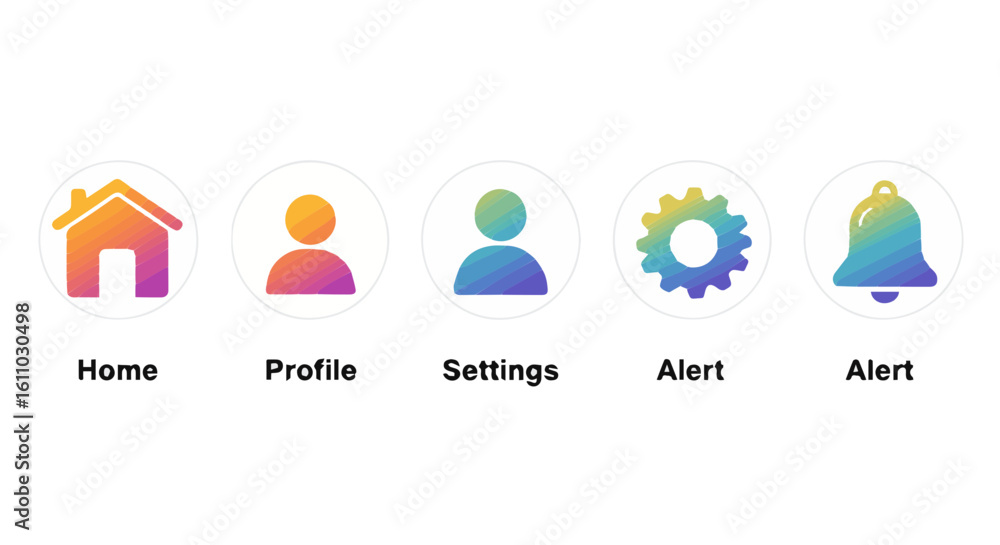 Poster colorful navigation bar icons for mobile app interface with settings and profile options