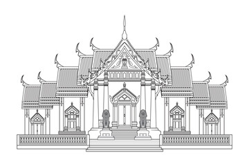 Illustration vector Bangkok Thailand symbol with beautiful famous marble temple Wat Benchamabophit Dusitvanaram drawing in black and white
