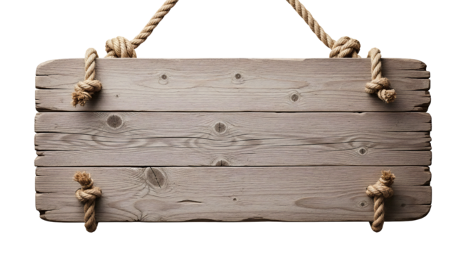 Wooden sign hanging with rope isolated PNG with Transparent Background