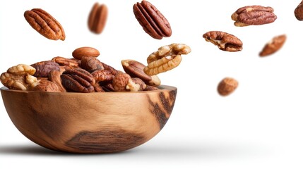 A wooden bowl overflowing with mixed nuts with several pecans suspended in mid-air on white.