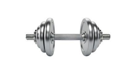 A silver dumbbell with plates on a black studio background    .ai generative, transparent background, white background. isolated on white background