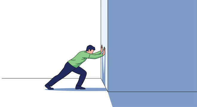 Man pushing against a solid wall demonstrating effort and resistance in a clear visual metaphor