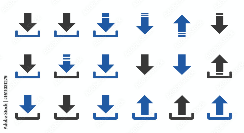 Poster download and upload icon set featuring arrows indicating data transfer process