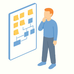 Isometric Flat Illustration of Man Thinking About Workflow Diagram Chart