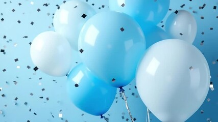 Dynamic baby blue and white balloons floating with shimmering confetti falling
