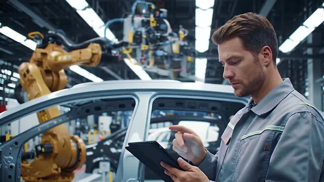 An automotive engineer uses a digital tablet for programming a robotic arm on a vehicle assembly line in a modern car factory.