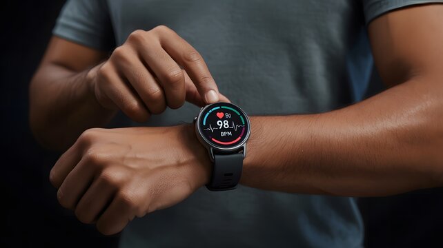 Man checking smartwatch heart rate fitness tracker app