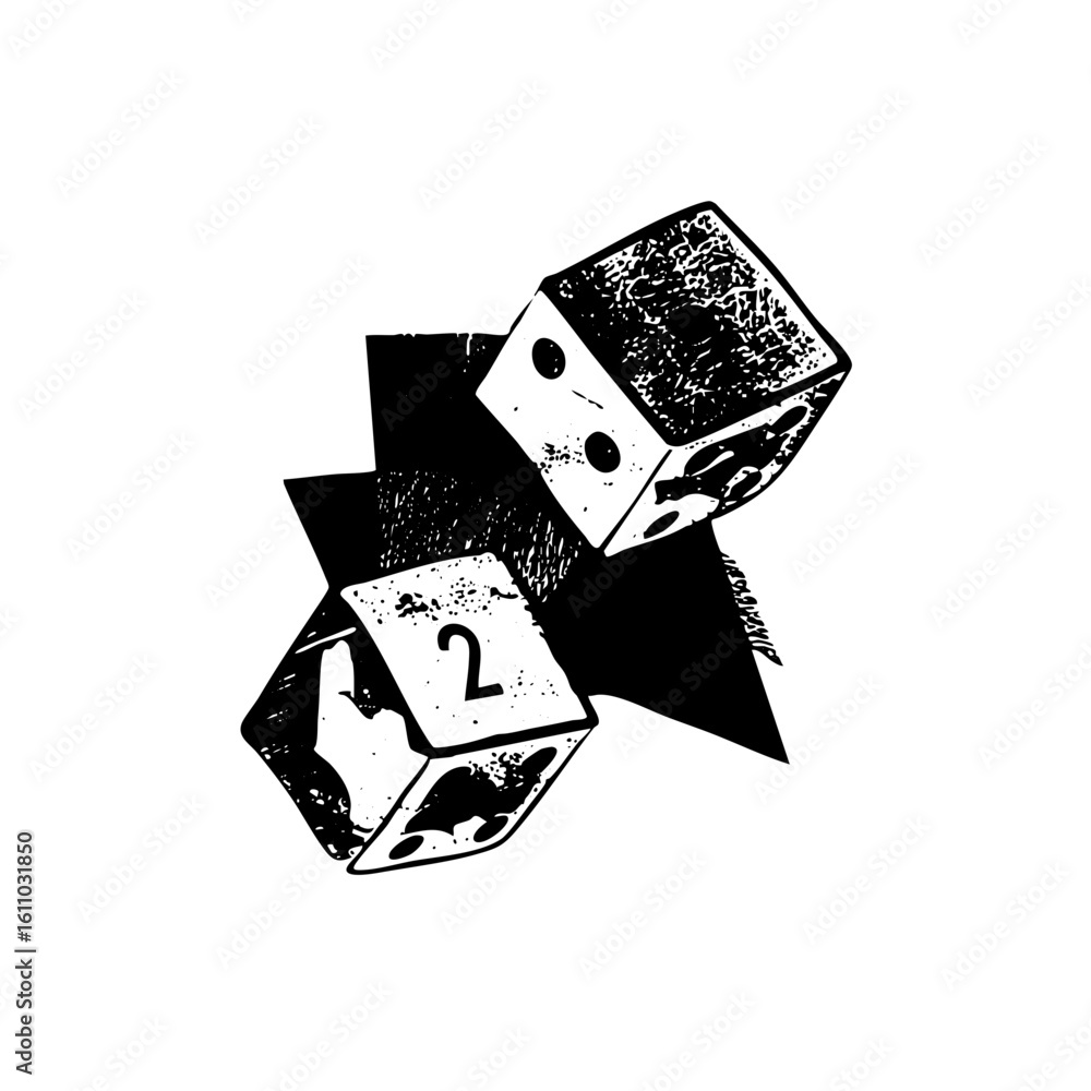 Poster vector black and white of two dice displaying numbers one and two.