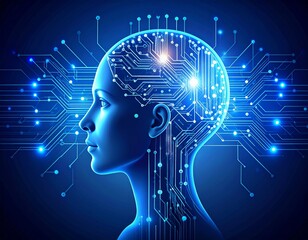 AI Concept: Glowing Human Head Silhouette with Intricate Circuitry. Data Streams, Artificial Intelligence & Future Mind