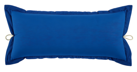 Rectangular royal blue pillow with striped border and tied rope accents against a dark background.