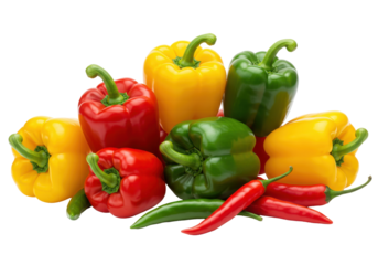 Colorful assortment of bell peppers and chili peppers arranged artistically on a white background