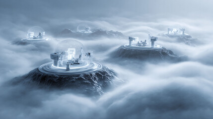 Futuristic landscape of research pods on rocky islands surrounded by clouds. Symbolizes innovation, isolation, science, and advanced technology. Use for tech, medical, or creative concepts.
