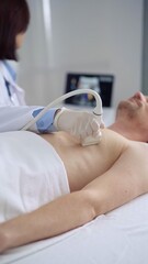 Doctor woman with white protective gloves performing an ultrasound scan on a patient's breast or...