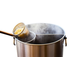 stainless steel pot, noodle strainer, hot steam, cooking equipment, kitchen utensil, food preparation, Asian cooking,