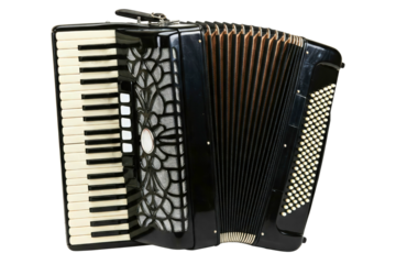 Black piano accordion musical instrument with keyboard and bellows isolated on a transparent background