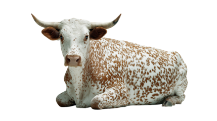 white and brown speckled longhorn steer is sitting upright, full body composition, background is transparent 