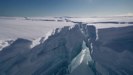 Solitary ski tracks crossing pristine snow field under clear winter sky