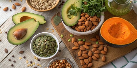 Top view of fresh superfoods like avocado, almonds, and pumpkin seeds on a rustic table. Healthy vegan nutrition concept with vibrant colors and natural lighting.