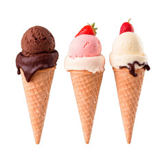 Three Ice Cream Cones with Chocolate, Strawberry, and Vanilla Flavors, Isolated.