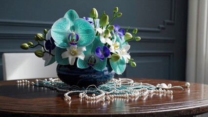 Elegant floral arrangement with blue orchids and white lilies in modern glass container