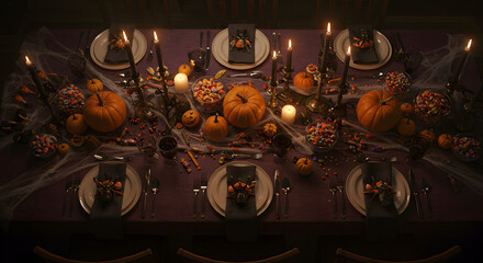 A long table is set for a Halloween dinner party, decorated with pumpkins, candles, spiderwebs, and place settings with dark napkins.