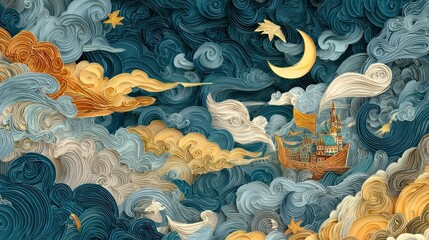A whimsical, paper-like artwork depicting a fantastical ship sailing amidst swirling clouds and a crescent moon under a starry night sky