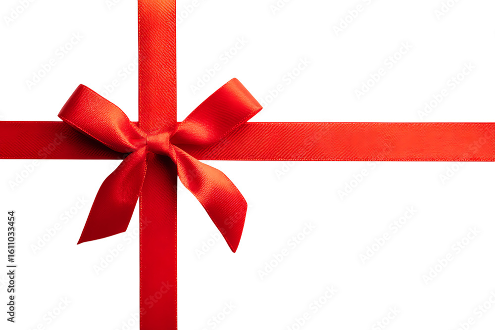 Poster close-up of vibrant red satin ribbon tied in a bow, creating a cross shape isolated on white or tran