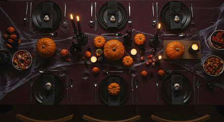 Overhead view of a Halloween-themed dinner table setting with pumpkins, black plates, spiderwebs, candles, silverware, and bowls of treats on a dark purple tablecloth.