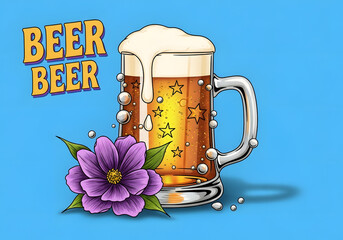 A colorful poster of a beer mug with a blue background and a purple flower. The poster has a fun and playful vibe, with the beer mug being the main focus