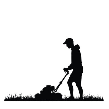 recommend clip art: Man mowing grass with lawnmower silhouette person