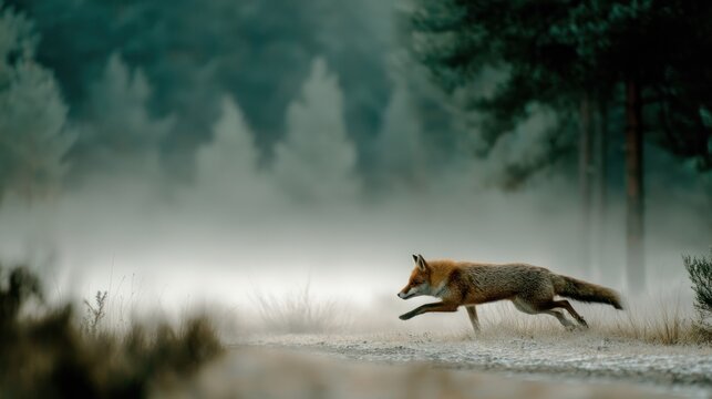 A red fox running freely through a misty forest at dawn