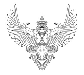 Line art illustration vector of red Garuda mythical or legendary creature with half human and bird- Vishnu god carrier in Hindu design drawing in black and white