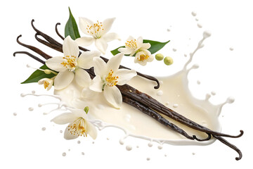 Fototapeta na wymiar Vanilla beans and flowers splashing into milk isolated on transparent background