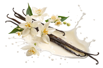 Vanilla beans and flowers splashing into milk isolated on transparent background